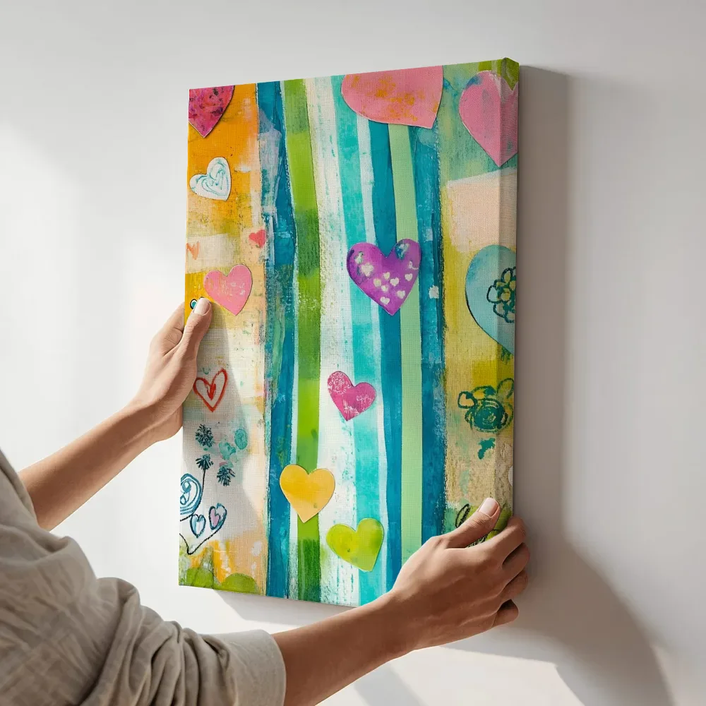 Sfeerimpressie: Kleurrijke harten collage terwijl het aan de muur wordt gehangen