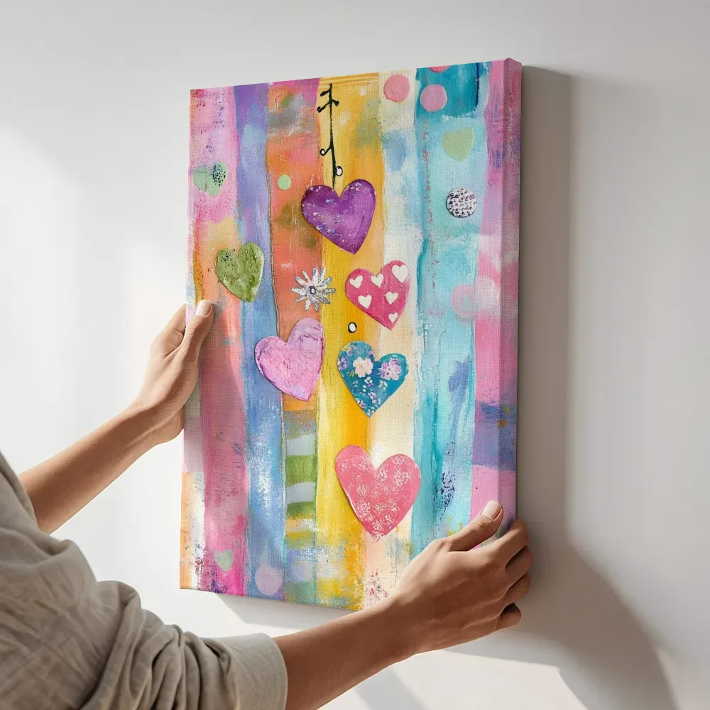 Sfeerimpressie: Kleurrijke hartjes collage terwijl het aan de muur wordt gehangen