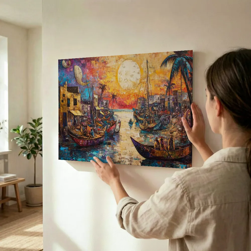 Sfeerimpressie: Kleurrijke haven bij zonsondergang terwijl het wordt opgehangen