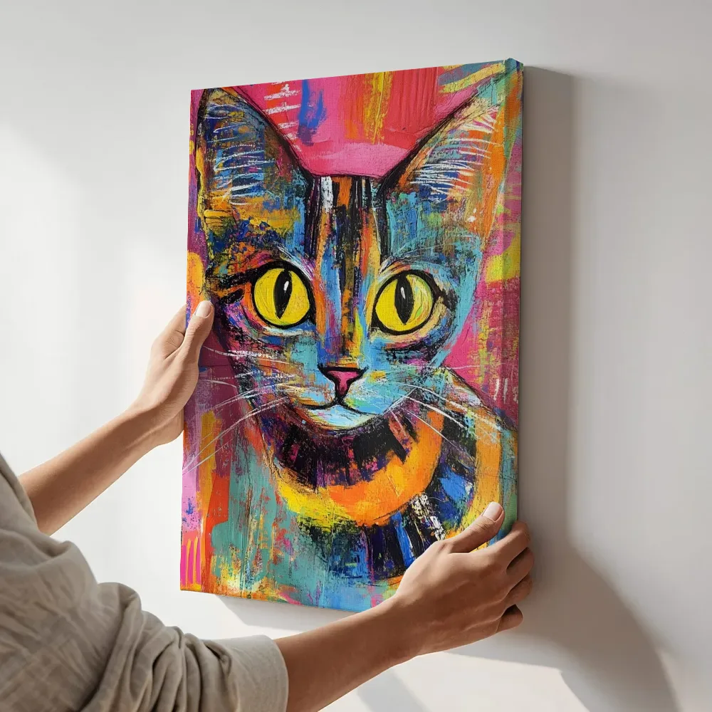 Sfeerimpressie: Kleurrijke kattenkop close-up terwijl het aan de muur wordt gehangen