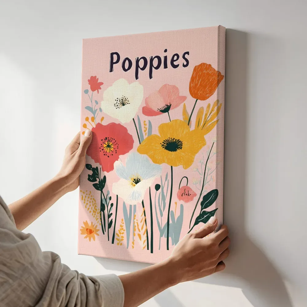 Sfeerimpressie: Kleurrijke klaprozen poster terwijl het aan de muur wordt gehangen