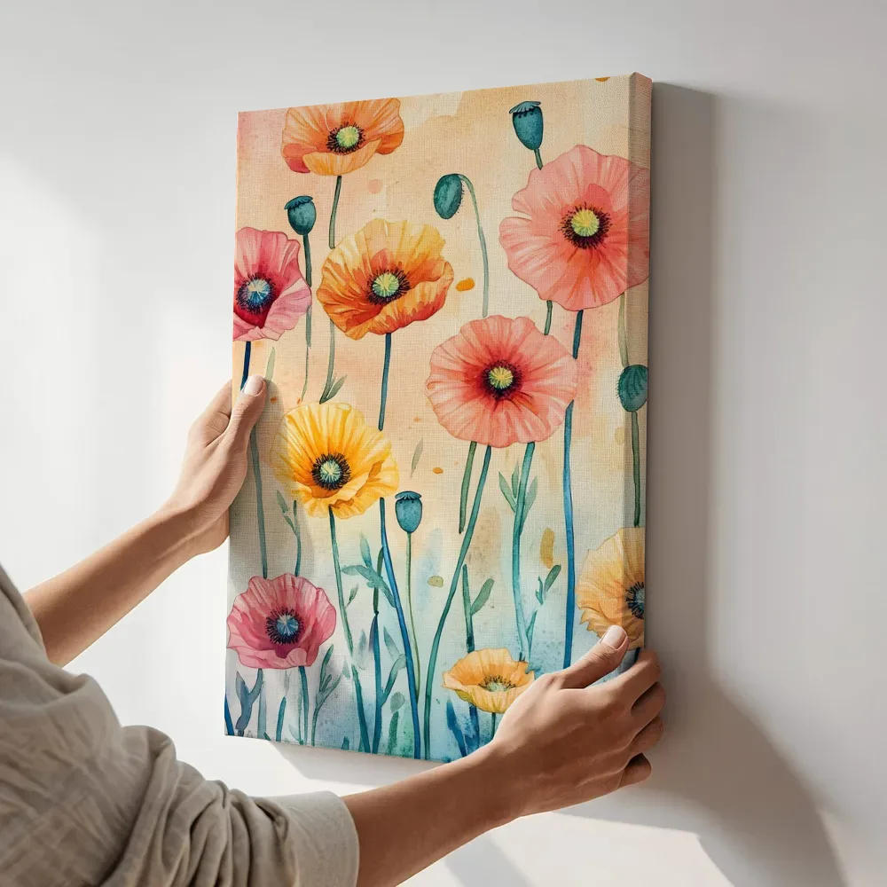Sfeerimpressie: Kleurrijke klaprozen terwijl het aan de muur wordt gehangen