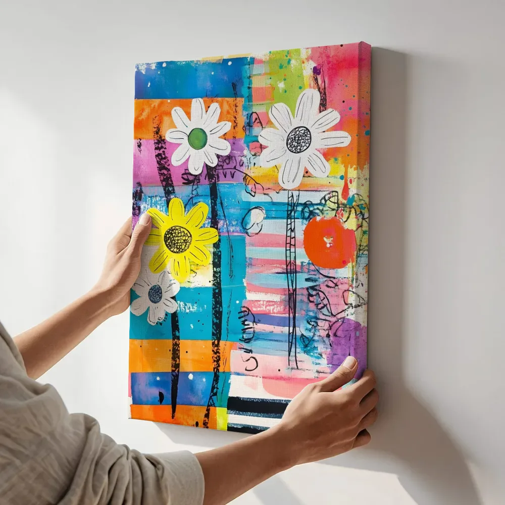 Sfeerimpressie: Kleurrijke madeliefjes collage terwijl het aan de muur wordt gehangen
