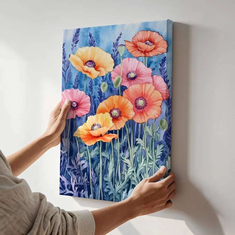 Sfeerimpressie: Kleurrijke papavers met lavendel terwijl het aan de muur wordt gehangen