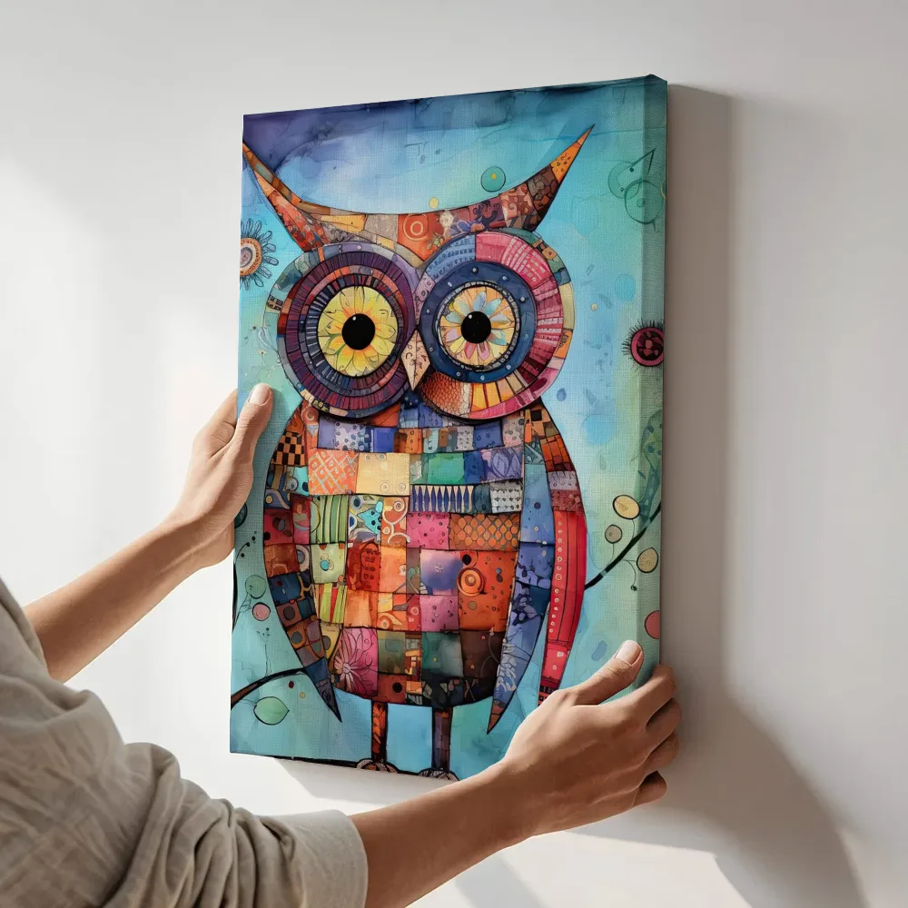 Sfeerimpressie: Kleurrijke patchwork uil terwijl het aan de muur wordt gehangen