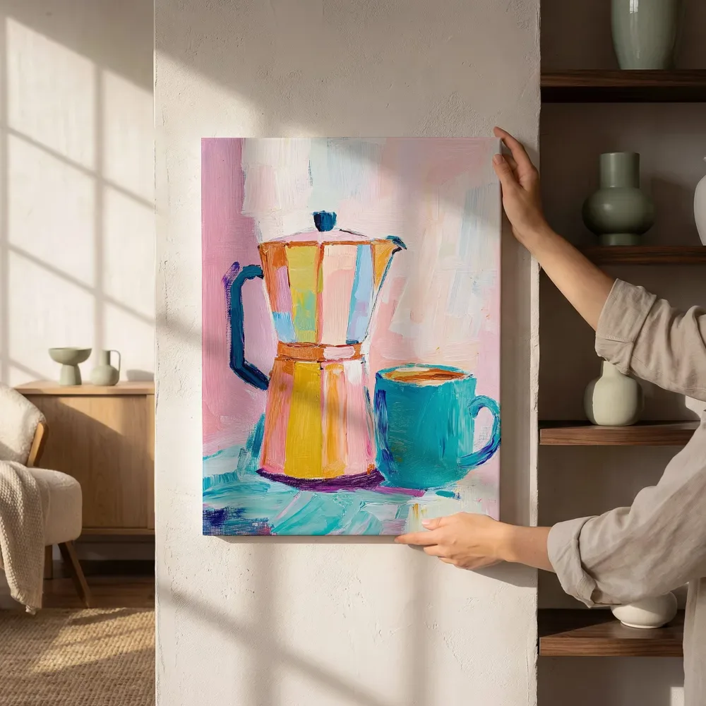 Sfeerimpressie: Kleurrijke percolator met koffiemok naast de kast