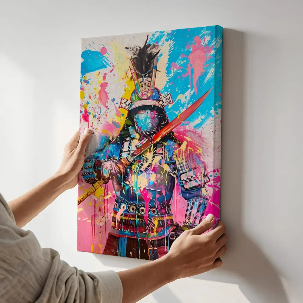 Sfeerimpressie: Kleurrijke samurai krijger terwijl het aan de muur wordt gehangen