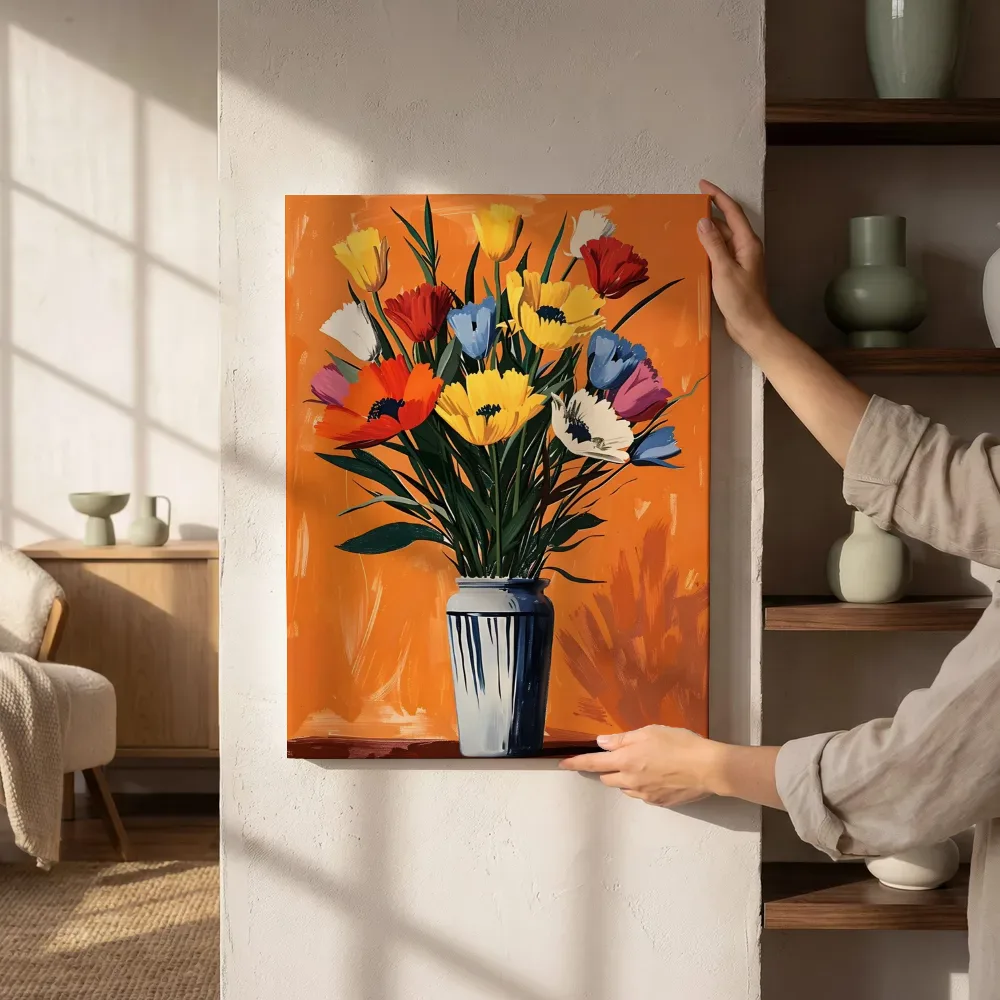 Sfeerimpressie: Kleurrijke tulpen in gestreepte vaas naast de kast