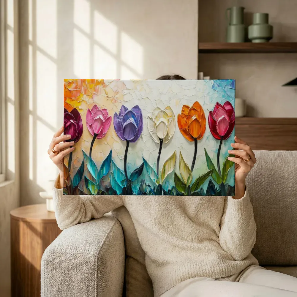 Sfeerimpressie: Kleurrijke tulpenrij terwijl het omhoog wordt gehouden
