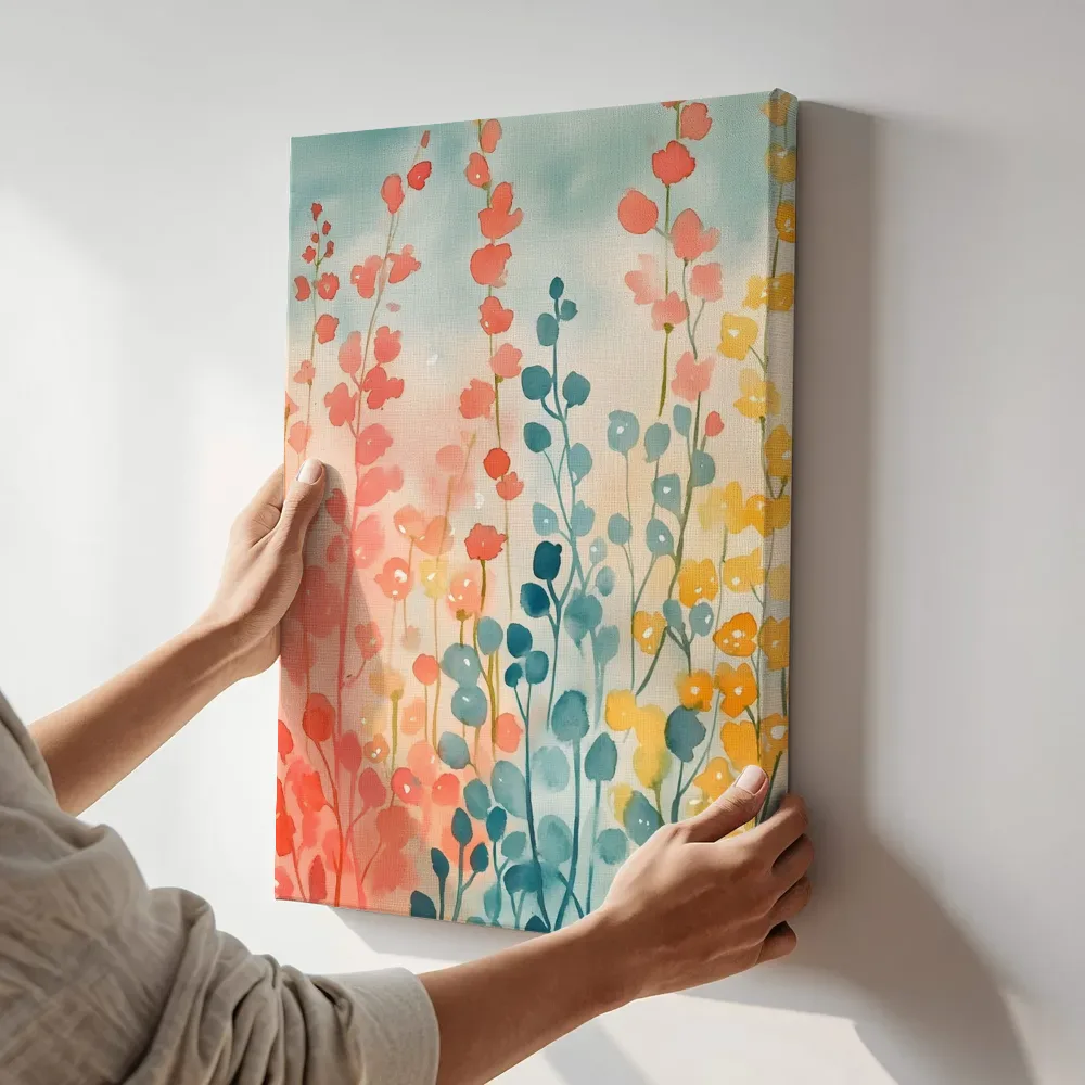 Sfeerimpressie: Kleurrijke veldbloemen in kolommen terwijl het aan de muur wordt gehangen
