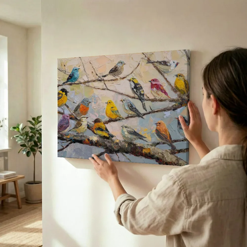 Sfeerimpressie: Kleurrijke vogelschare terwijl het wordt opgehangen