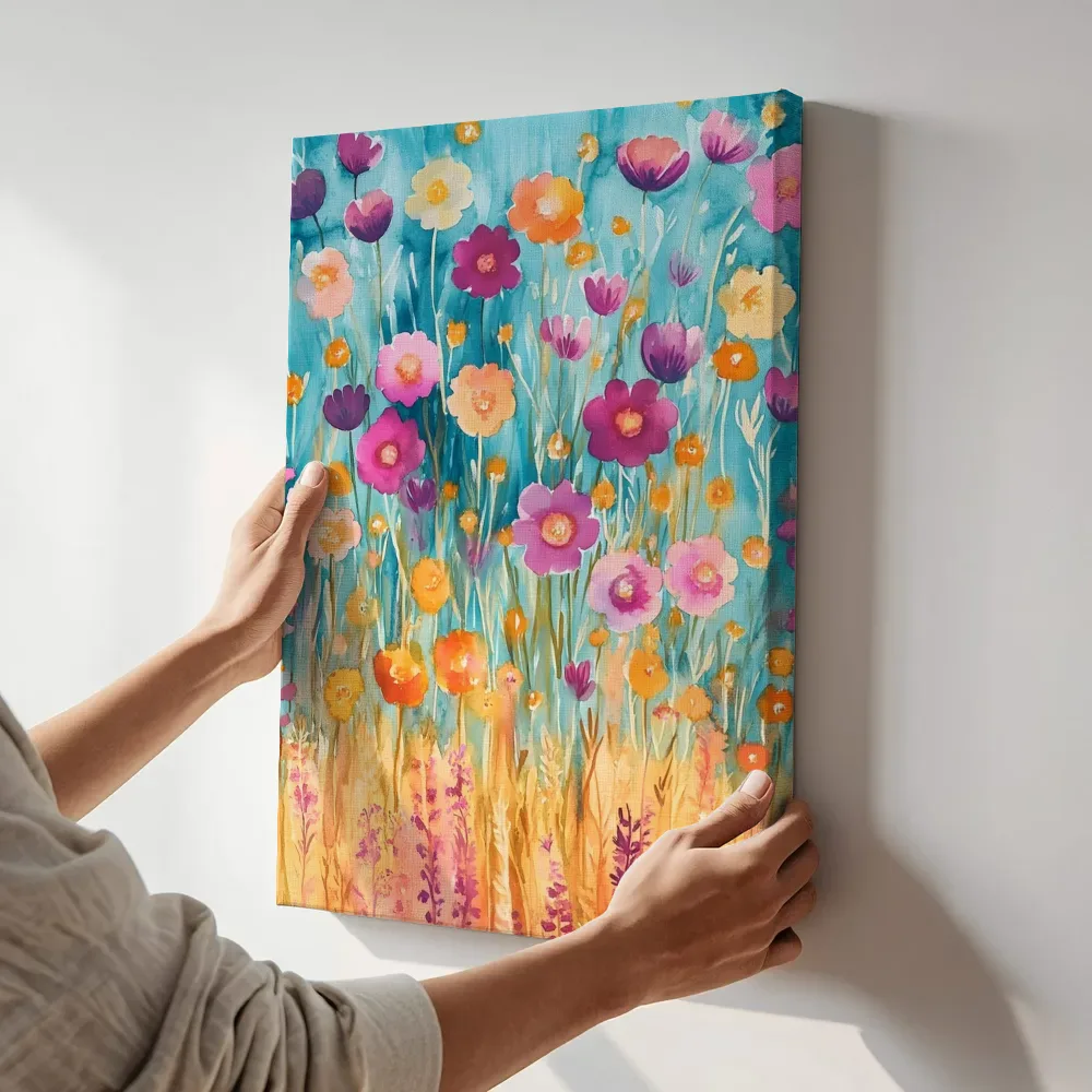 Sfeerimpressie: Kleurrijke wilde bloemenweide terwijl het aan de muur wordt gehangen