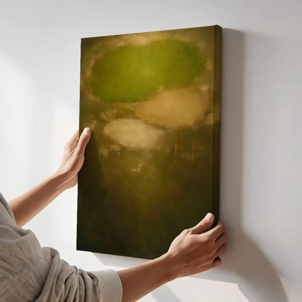 Sfeerimpressie: Kleurvelden hoog in beeld in kaki en zand terwijl het aan de muur wordt gehangen