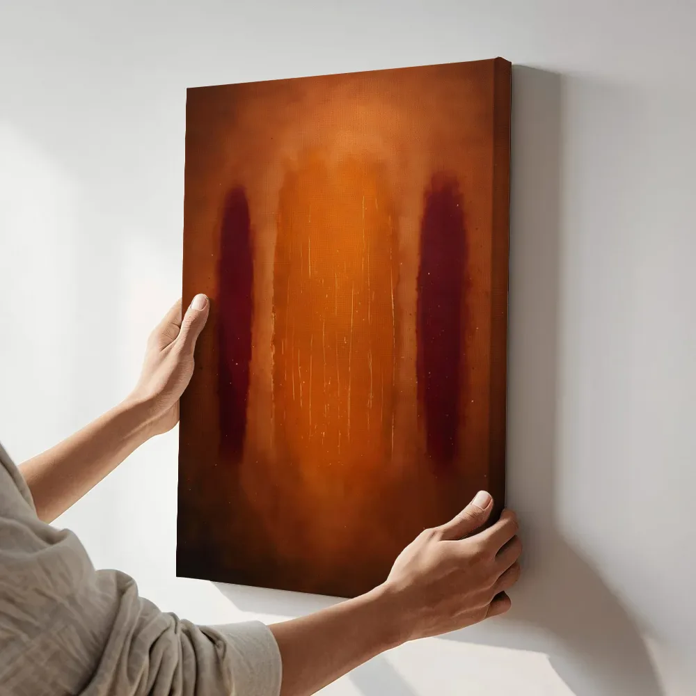 Sfeerimpressie: Kleurvelden in het midden in vol terracotta terwijl het aan de muur wordt gehangen