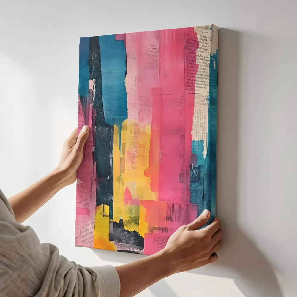 Sfeerimpressie: Kleurvlakken blauw roze geel terwijl het aan de muur wordt gehangen