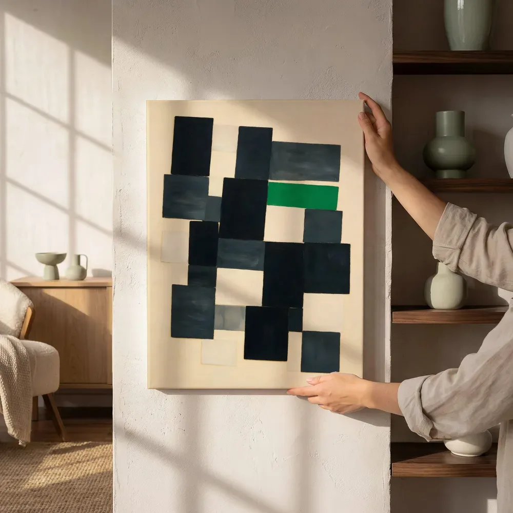 Sfeerimpressie: Kleurvlakken in raster Geometric Earth in houtskoolgrijs naast de kast