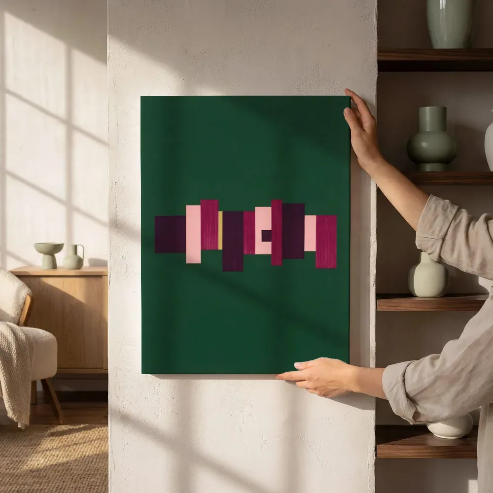 Sfeerimpressie: Kleurvlakken in raster Geometric Earth in magenta naast de kast