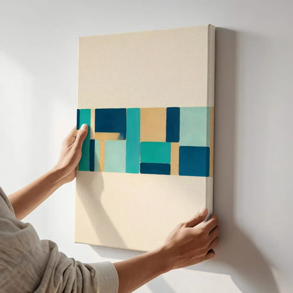 Sfeerimpressie: Kleurvlakken in raster Geometric Earth in zeeblauw terwijl het aan de muur wordt gehangen