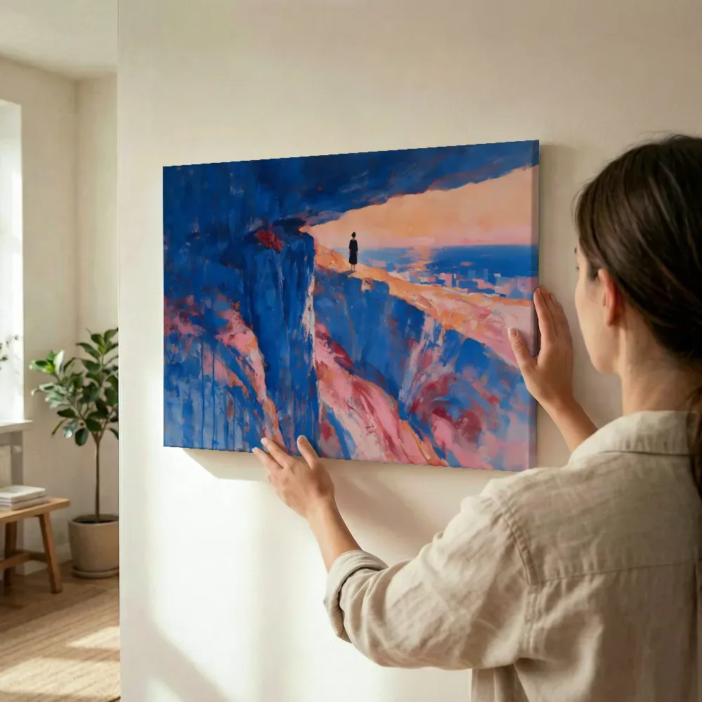 Sfeerimpressie: Klif boven een roze horizon terwijl het wordt opgehangen