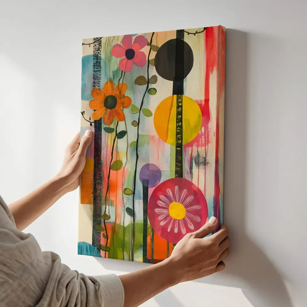 Sfeerimpressie: Klimrank met cirkelvormen en bloemen terwijl het aan de muur wordt gehangen