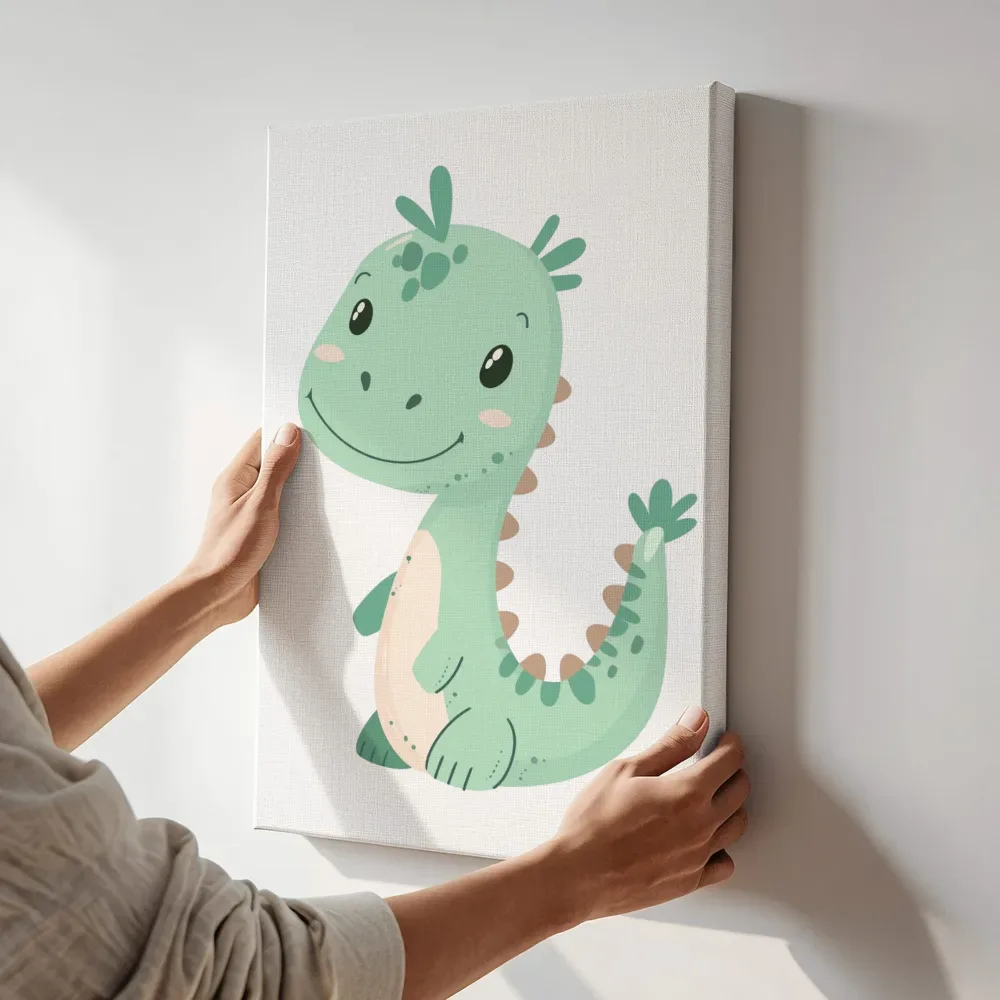 Sfeerimpressie: Knuffelige dino terwijl het aan de muur wordt gehangen