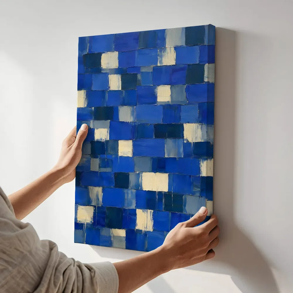 Sfeerimpressie: Kobalt en pruisisch blauw als een muur van stenen terwijl het aan de muur wordt gehangen