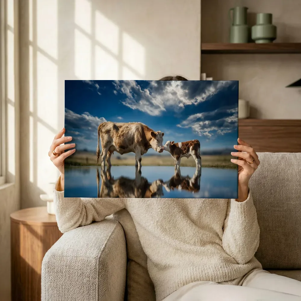 Sfeerimpressie: Koe een teder moment, een dramatische blauwe lucht terwijl het omhoog wordt gehouden
