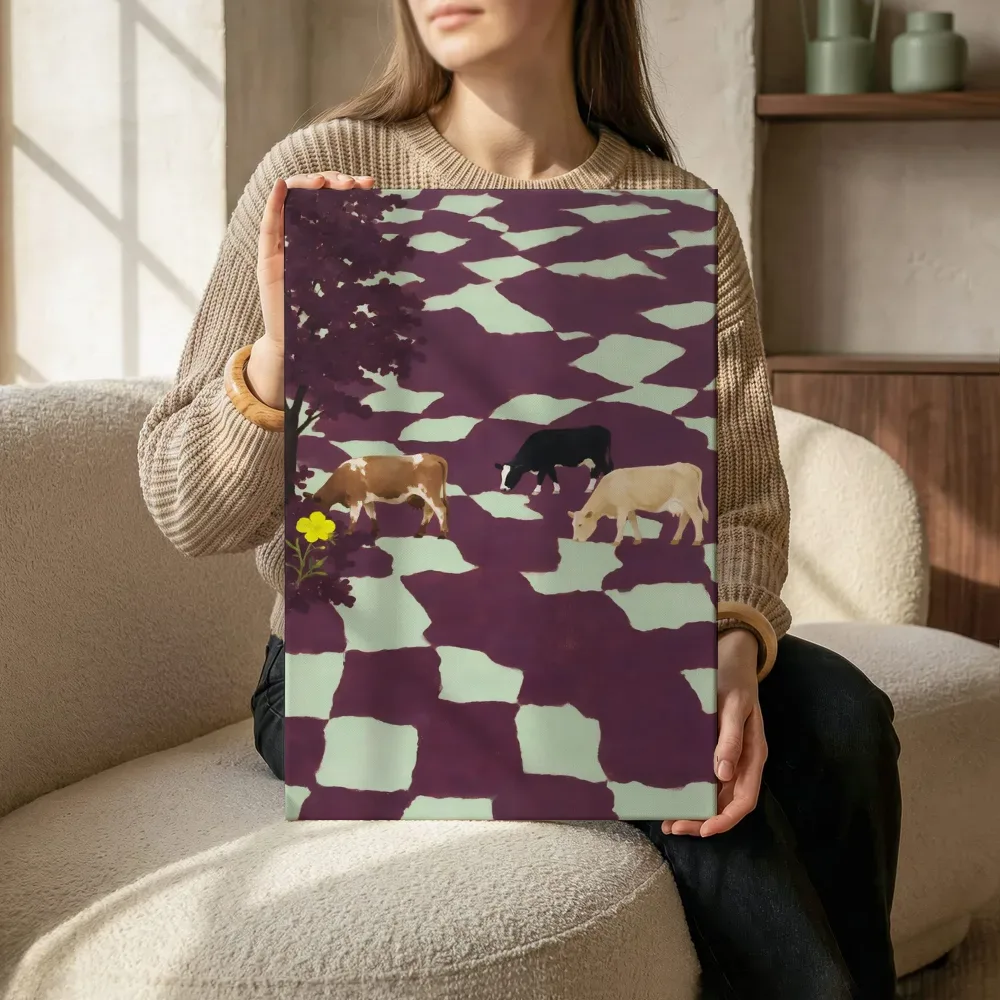 Sfeerimpressie: Koe in aubergine en mint terwijl het zittend wordt getoond