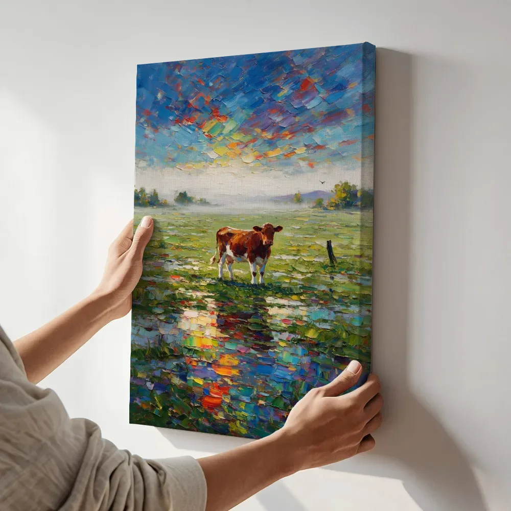 Sfeerimpressie: Koe donker in het landschap in de mist terwijl het aan de muur wordt gehangen