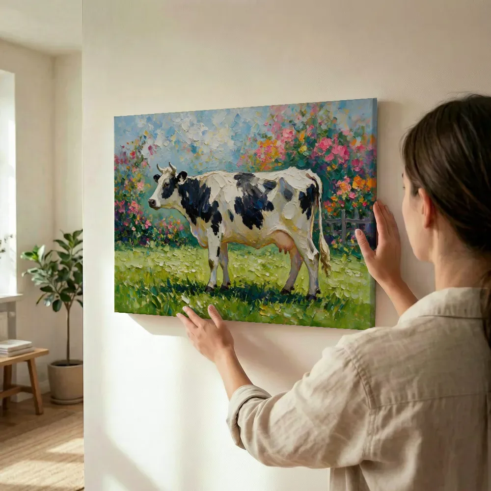 Sfeerimpressie: Koe in donkere pose in een bloementuin terwijl het wordt opgehangen