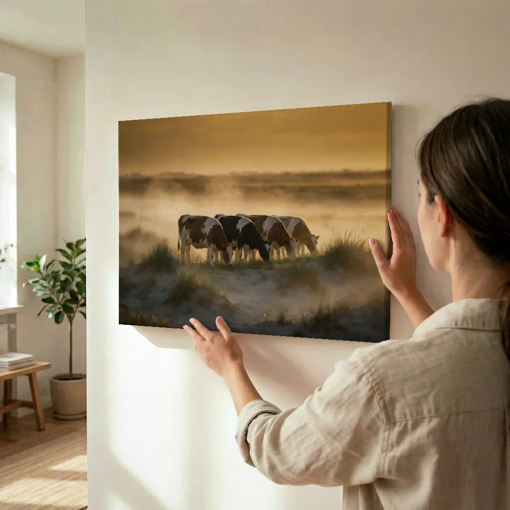 Sfeerimpressie: Koe in het veld, de ochtendmist terwijl het wordt opgehangen