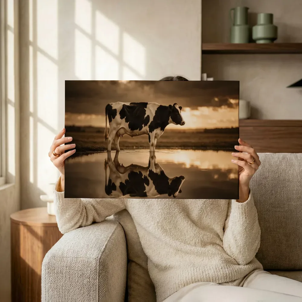 Sfeerimpressie: Koe in het veld, een dreigende luchten met een sepia-gloed terwijl het omhoog wordt gehouden