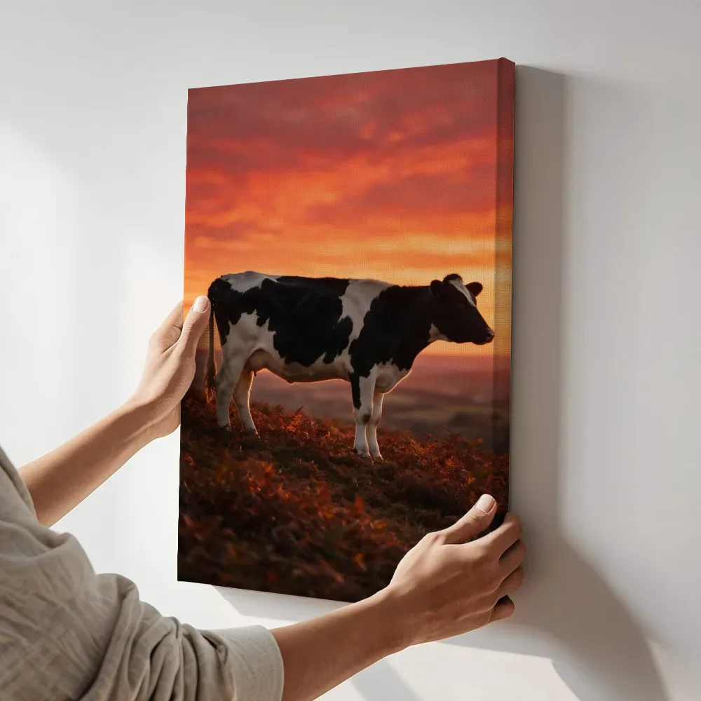 Sfeerimpressie: Koe in het veld, een silhouet tegen een vurige zonsondergang 2 terwijl het aan de muur wordt gehangen