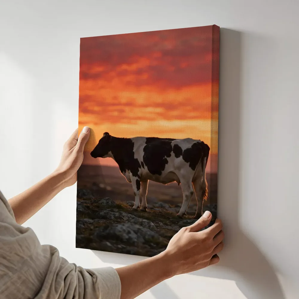 Sfeerimpressie: Koe in het veld, een silhouet tegen een vurige zonsondergang terwijl het aan de muur wordt gehangen