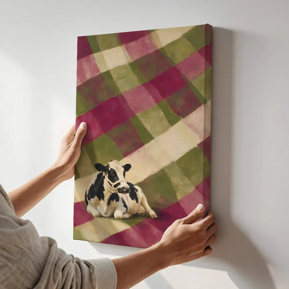 Sfeerimpressie: Koe in magenta en olijfgroen terwijl het aan de muur wordt gehangen