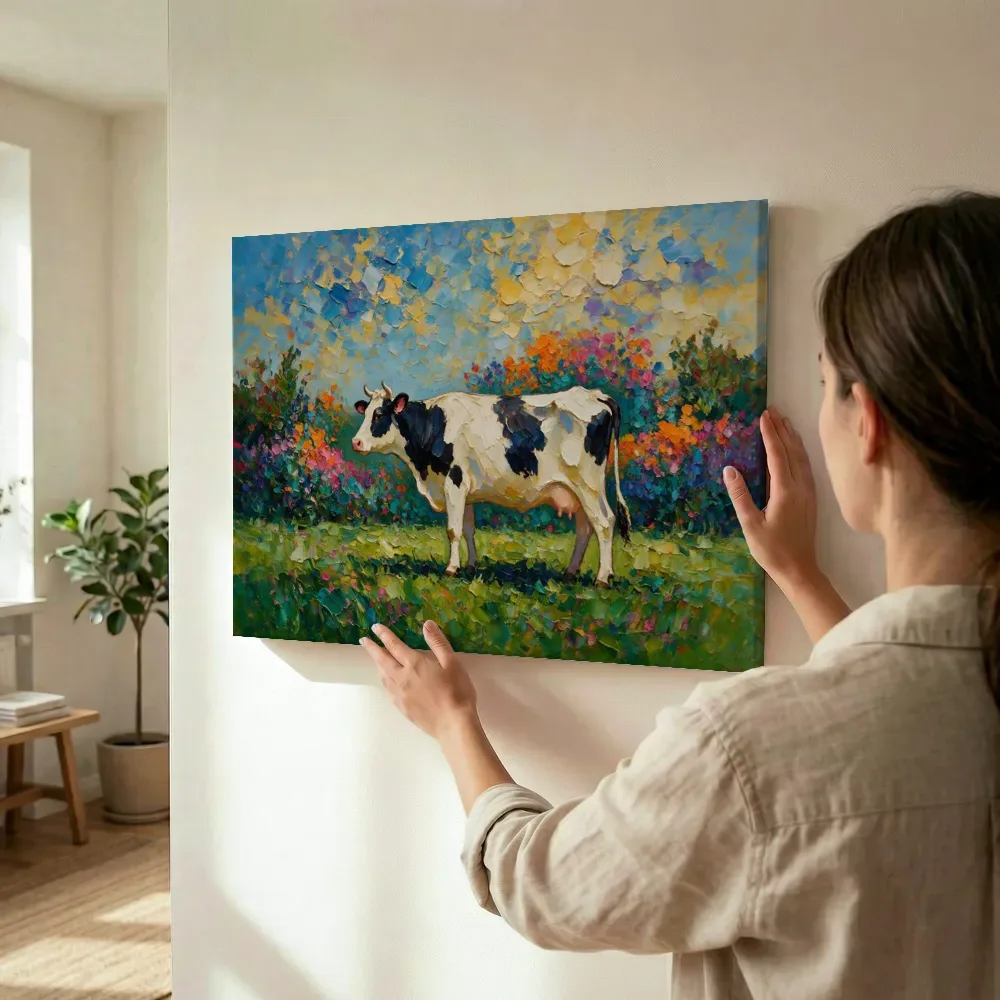 Sfeerimpressie: Koe in pose in een bloementuin terwijl het wordt opgehangen