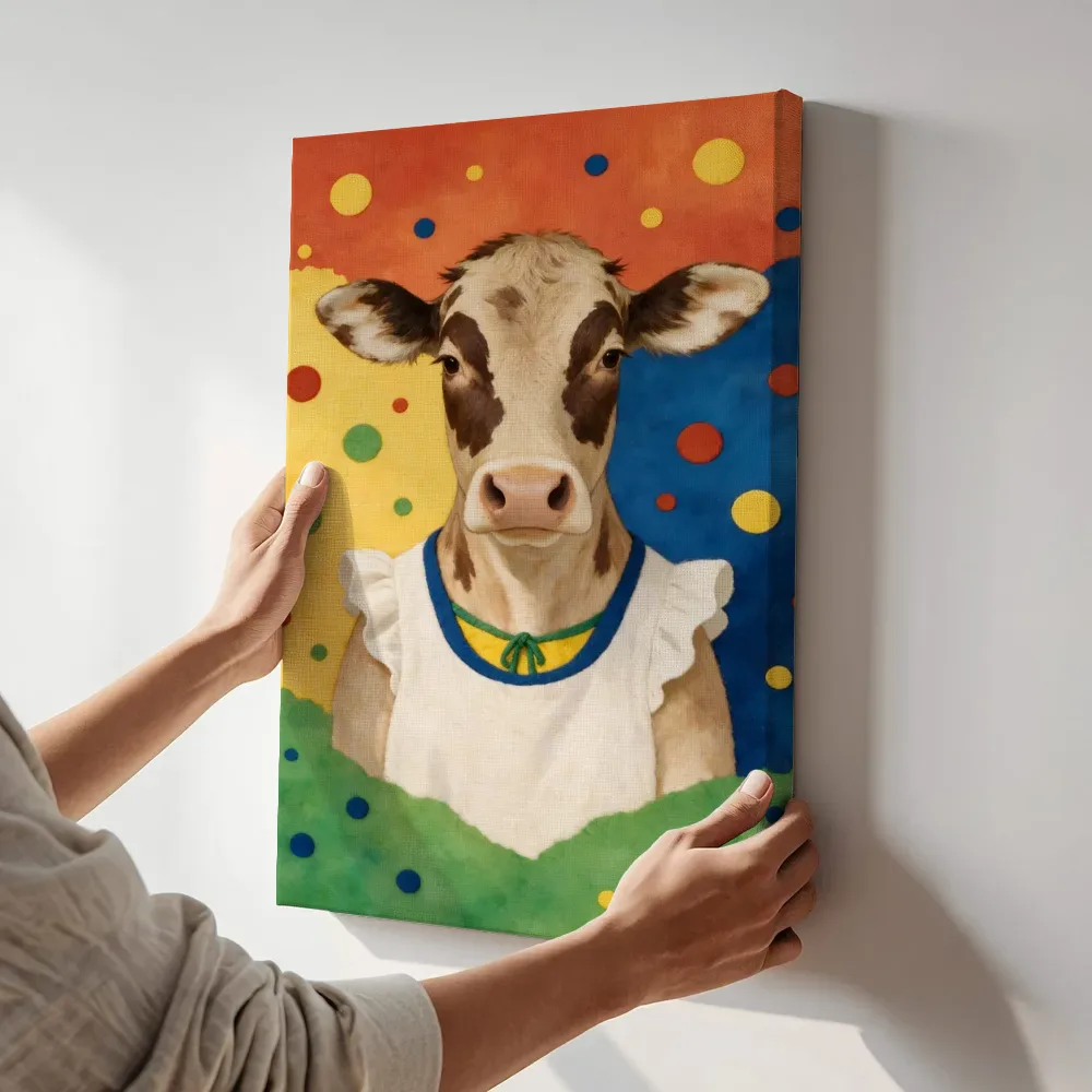 Sfeerimpressie: Koe in vier heldere kleuren naast elkaar terwijl het aan de muur wordt gehangen