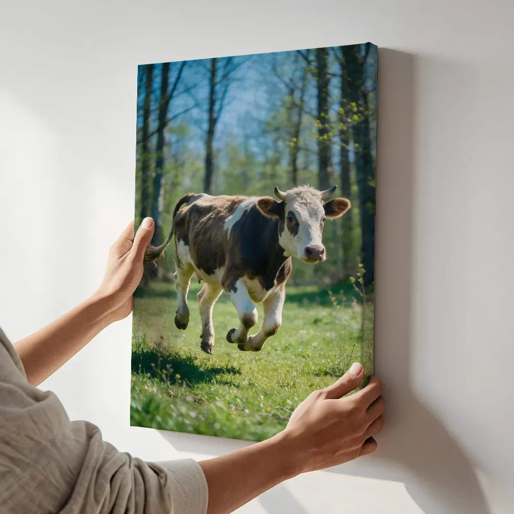 Sfeerimpressie: Koe in volle actie, een fris lentemoment terwijl het aan de muur wordt gehangen