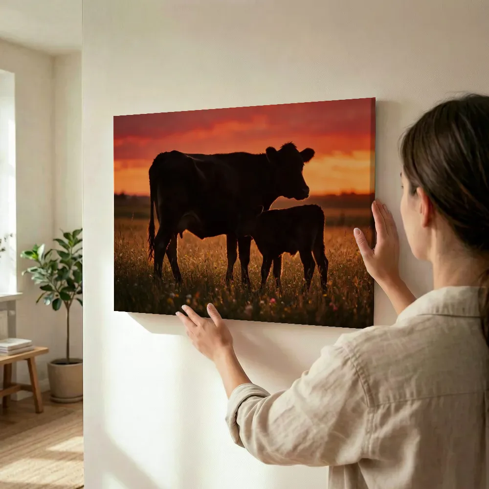 Sfeerimpressie: Koe met jong, een silhouet tegen een vurige zonsondergang terwijl het wordt opgehangen