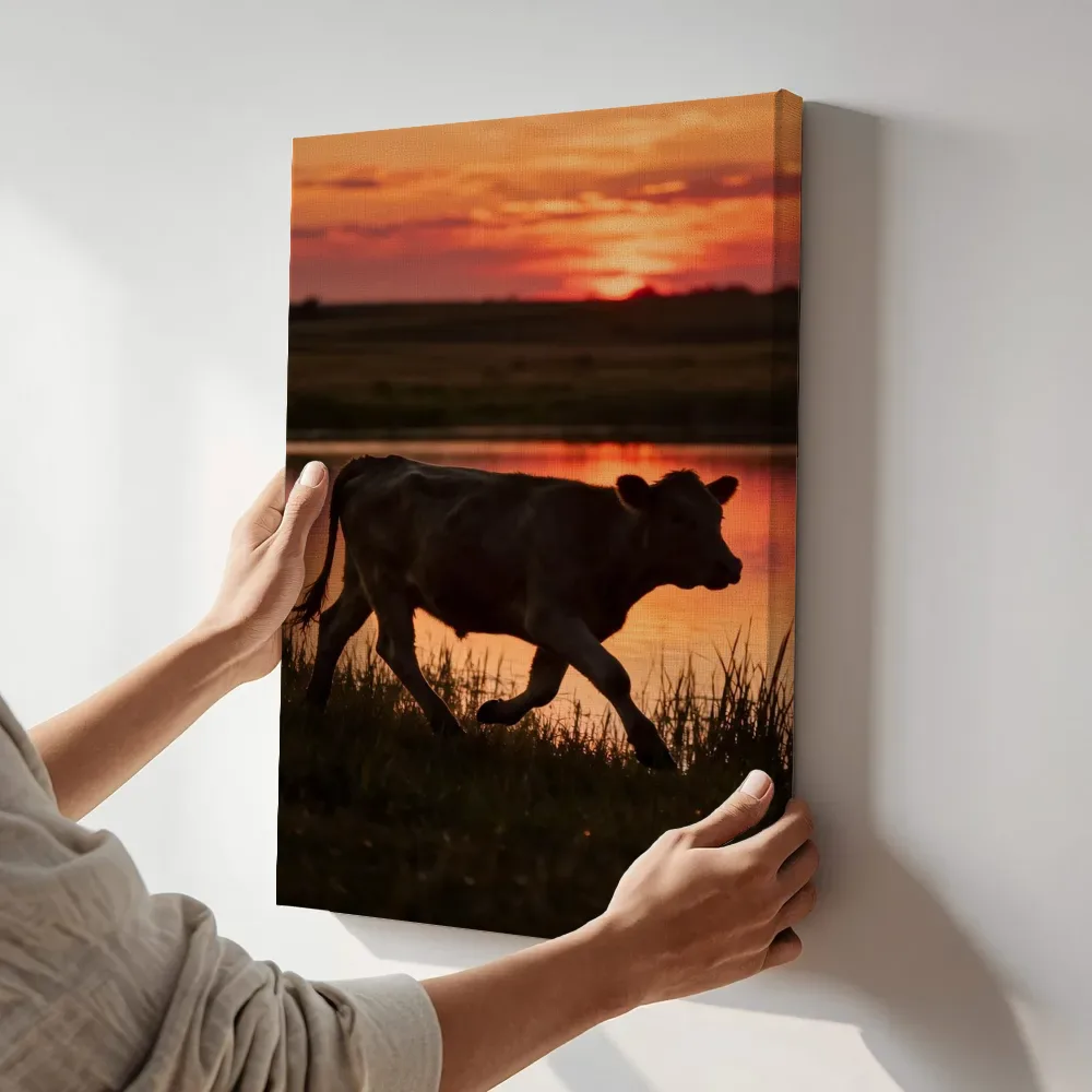 Sfeerimpressie: Koe op afstand, een silhouet tegen een vurige zonsondergang terwijl het aan de muur wordt gehangen