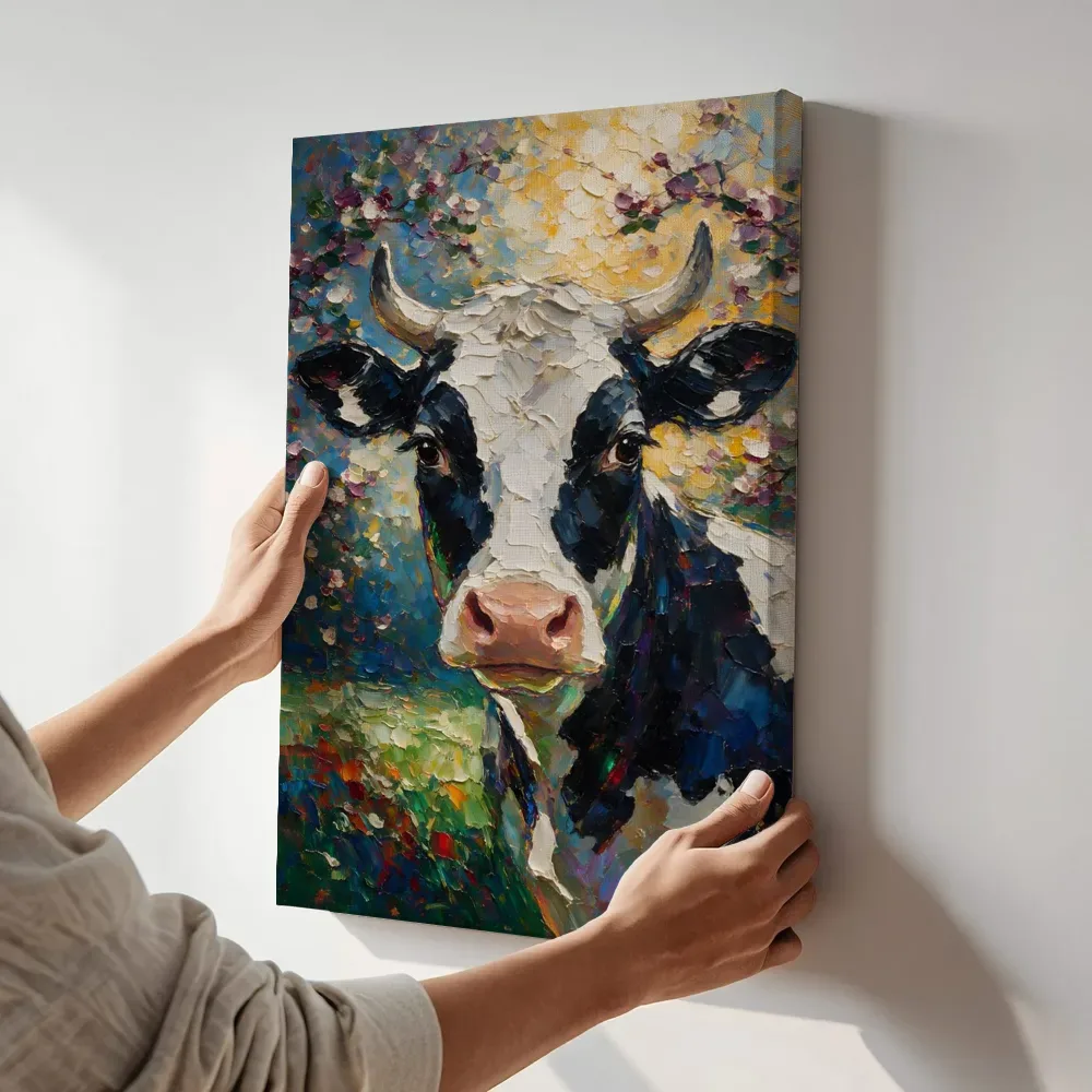 Sfeerimpressie: Koe portret bij bloesem in warm petrol terwijl het aan de muur wordt gehangen