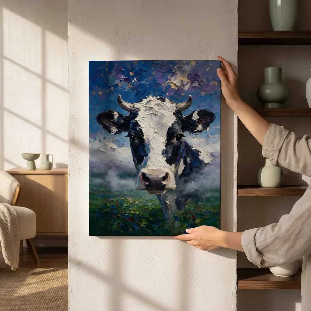 Sfeerimpressie: Koe portret diep in de mist terwijl het zittend wordt getoond