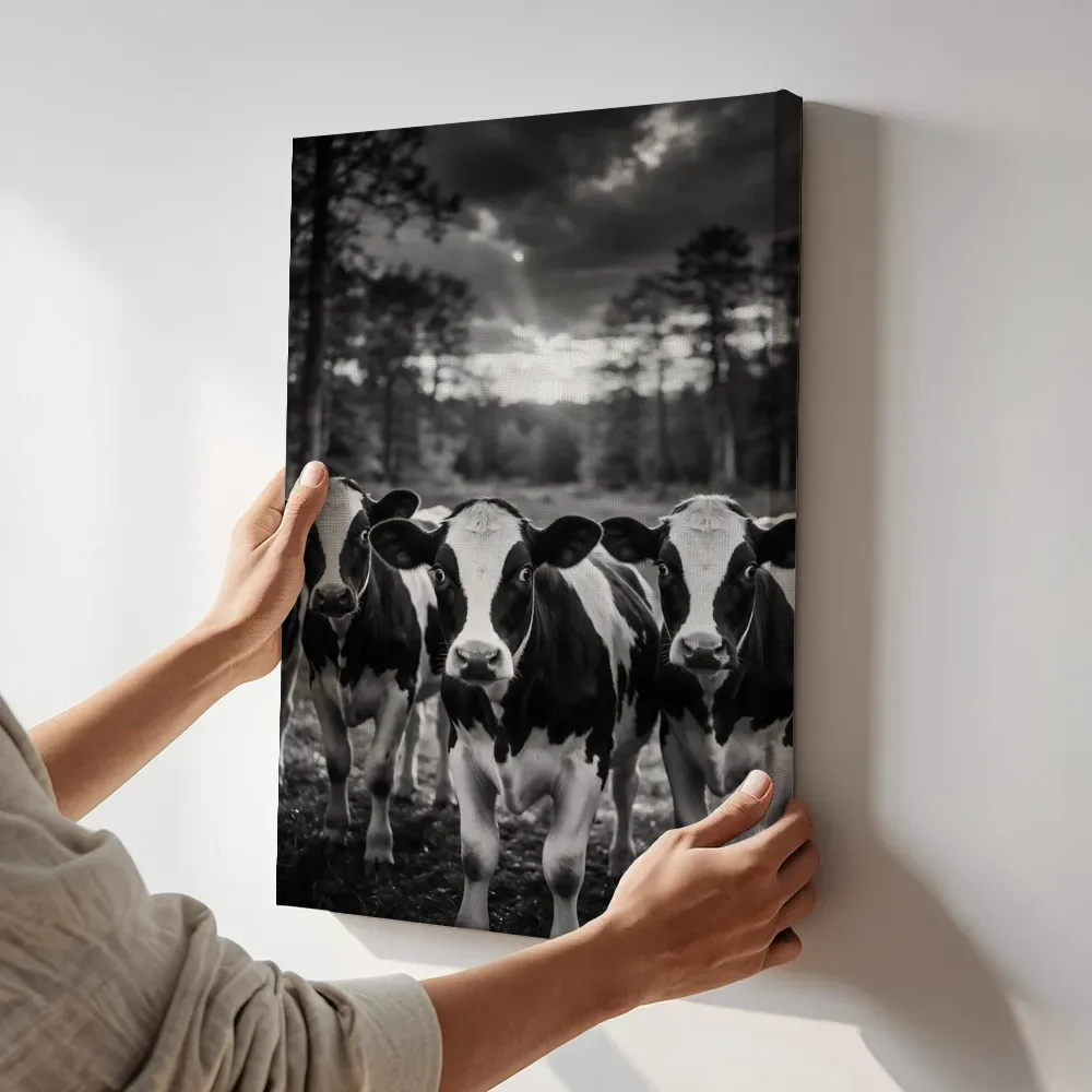 Sfeerimpressie: Koe recht in de lens, een dreigende luchten met een sepia-gloed terwijl het aan de muur wordt gehangen