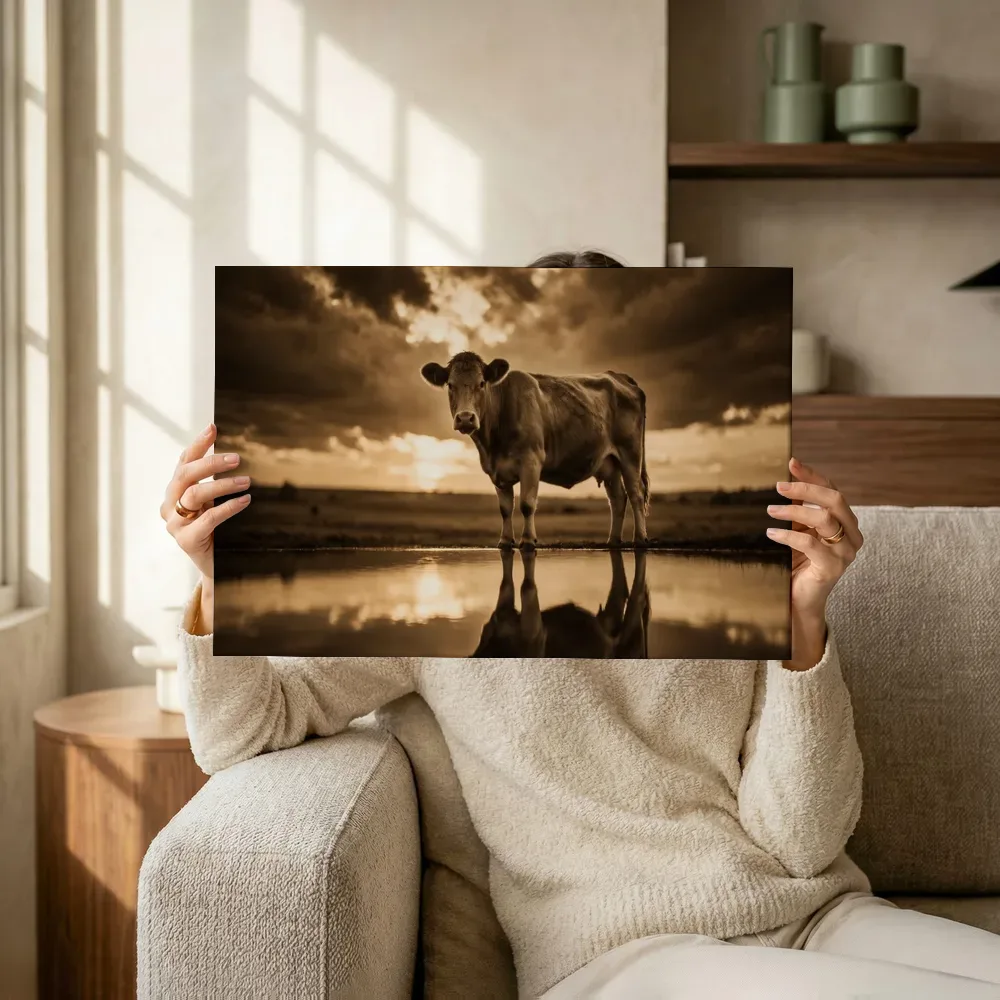 Sfeerimpressie: Koe van onderaf, een dreigende luchten met een sepia-gloed terwijl het omhoog wordt gehouden