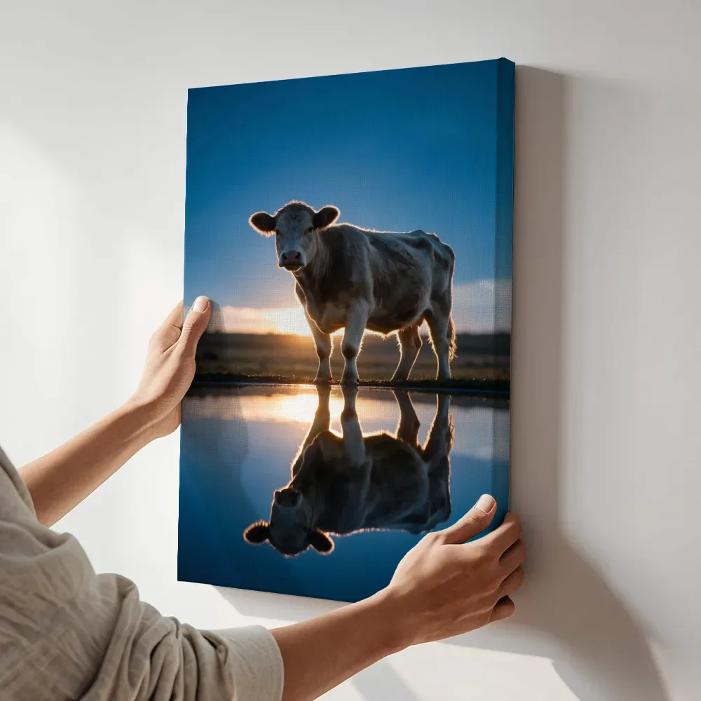 Sfeerimpressie: Koe van onderaf, het felle tegenlicht van de ondergaande zon terwijl het aan de muur wordt gehangen