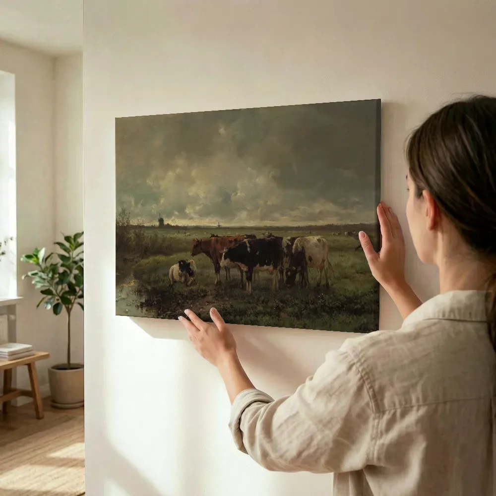 Sfeerimpressie: Koeien in een landschap met molen aan de horizon van Anton Mauve terwijl het wordt opgehangen