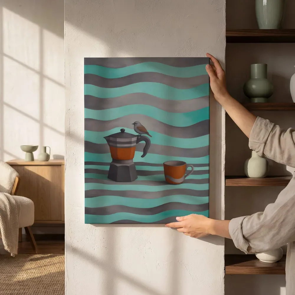 Sfeerimpressie: Koffiekan en kopje in aqua en warm grijs naast de kast