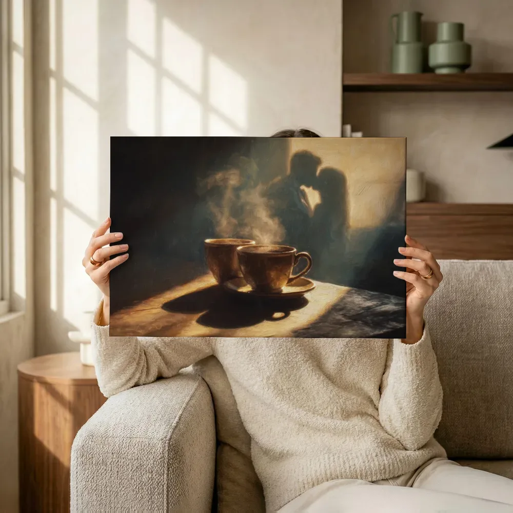 Sfeerimpressie: Koffiekopjes en schaduw van geliefden terwijl het omhoog wordt gehouden