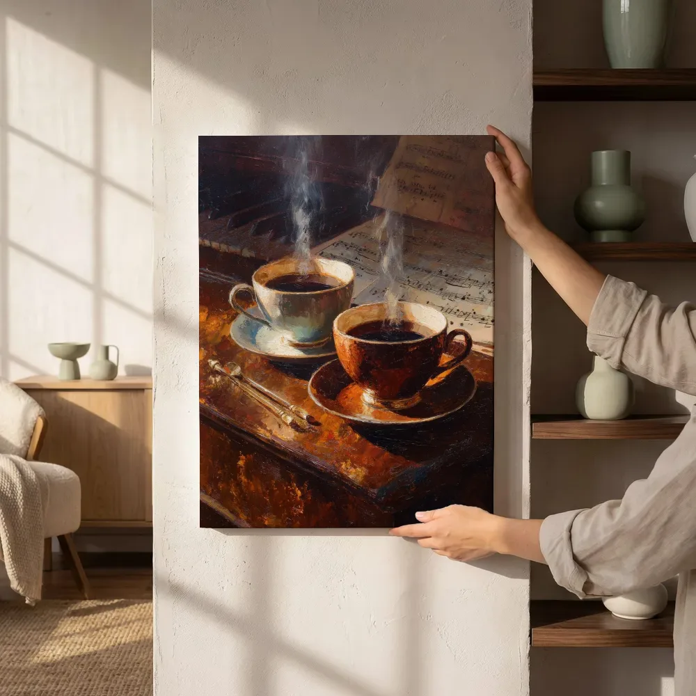 Sfeerimpressie: Koffiekopjes op de piano naast de kast