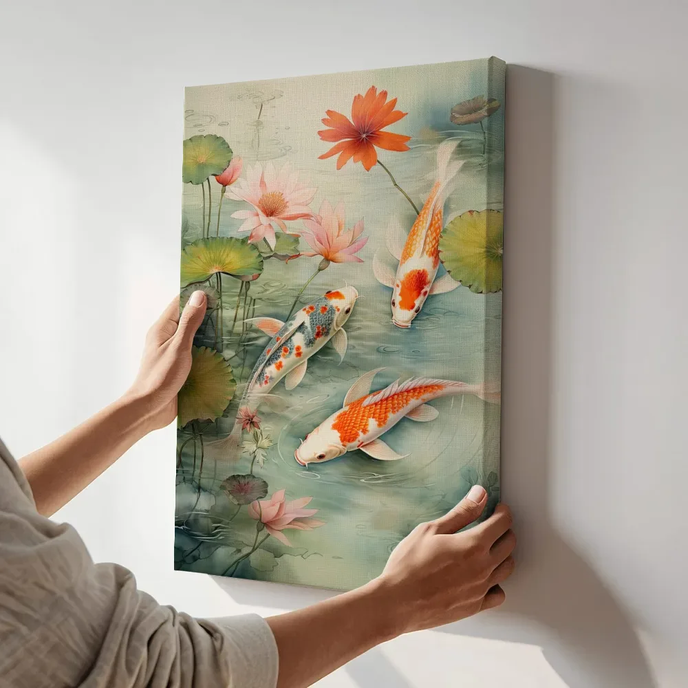Sfeerimpressie: Koi in vijver met rode lotus terwijl het aan de muur wordt gehangen